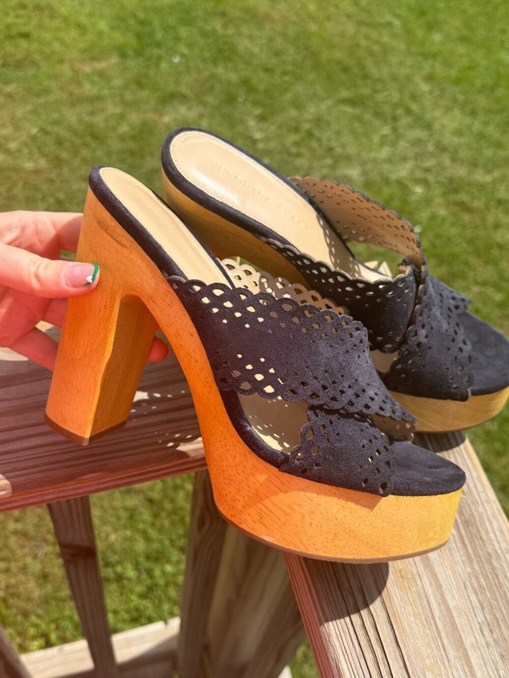 Veronica Beard Wood Platform Mule Heels Boho Quiet Luxury Chic Sz 8.5 3433